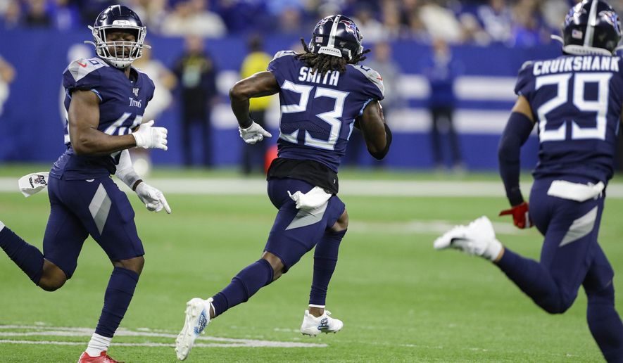Tennessee Titans cornerback Tye Smith (23) runs back a blocked field goal for a touchdown against the Indianapolis Colts during the second half of an NFL football game in Indianapolis, Sunday, Dec. 1, 2019. (AP Photo/Darron Cummings)
