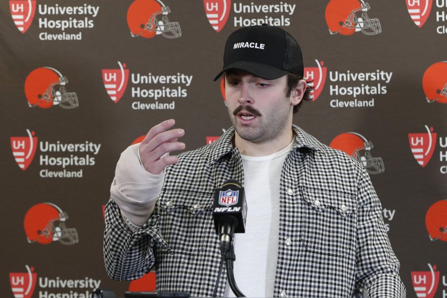 Cleveland Browns quarterback Baker Mayfield answers questions about his injured hand during a news conference after an NFL football game against the Pittsburgh Steelers, Sunday, Dec. 1, 2019, in Pittsburgh. (AP Photo/Don Wright)