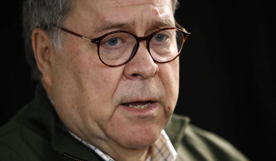 FILE - In this Nov. 22, 2019, file photo, Attorney General William Barr speaks with members of the press before participating in a law enforcement roundtable at the Flathead County Sheriff's Posse in Evergreen, Mont. An appeals court is upholding a ruling that blocked the federal government’s plan to restart federal executions next week after a 16-year hiatus. The order was handed down Monday by the U.S. Court of Appeals for the District of Columbia Circuit. The Justice Department asked the court to vacate or stay an injunction put in place by a district court judge. Attorney General William Barr has said he would take the case to the Supreme Court if necessary. (AP Photo/Patrick Semansky, File)