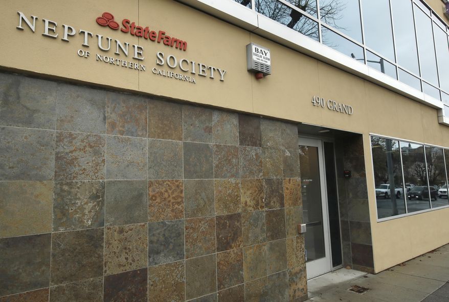Neptune Society of Northern California office front is seen in Oakland, Calif. California's attorney general is suing Neptune Society, claiming the well-known company pocketed $100 million that it should have kept in reserve for those who signed up for its prepaid cremation service plans. California Attorney General Xavier Becerra and three county prosecutors alleged Monday, Dec. 2, 2019, that as a result, many customers failed to get their full refunds if they canceled their contracts. The suit also says the company falsely claimed to use its own crematoriums when in fact it contracted with others. (AP Photo/Ben Margot)