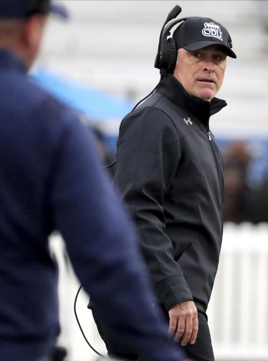 Old Dominion coach Bobby Wilder stands on the sideline during the team's NCAA college football game against Middle Tennessee State on Saturday, Nov. 23, 2019, in Murfreesboro, Tenn. (Helen Comer/The Daily News Journal via AP)