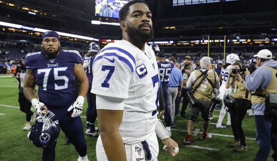 Indianapolis Colts quarterback Jacoby Brissett (7) walks off the field following an NFL football game against the Tennessee Titans in Indianapolis, Sunday, Dec. 1, 2019. The Titans defeated the Colts 31-17. (AP Photo/Darron Cummings)
