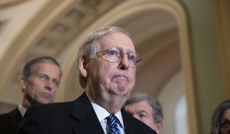 Senate Majority Leader Mitch McConnell of Ky., center, pauses while speaking with reporters, accompanied by Sen. John Thune, R-S.D., Tuesday, Dec. 3, 2019 in Washington, on Capitol Hill. (AP Photo/Alex Brandon)