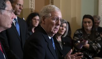 Senate Majority Leader Mitch McConnell of Ky., right, speaks with reporters, Tuesday, Dec. 3, 2019, in Washington, on Capitol Hill. (AP Photo/Alex Brandon) ** FILE **