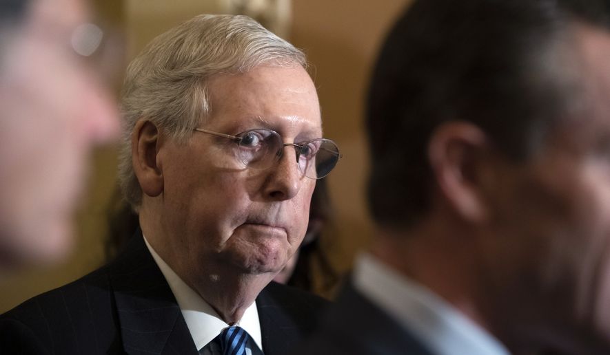 Senate Majority Leader Mitch McConnell of Ky., stands as members of the Republican caucus speak with reporters Tuesday, Dec. 3, 2019 in Washington, on Capitol Hill. (AP Photo/Alex Brandon)