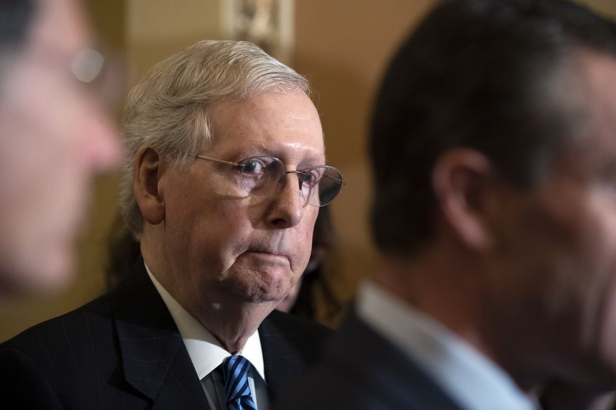 Senate Majority Leader Mitch McConnell of Ky., stands as members of the Republican caucus speak with reporters Tuesday, Dec. 3, 2019 in Washington, on Capitol Hill. (AP Photo/Alex Brandon)