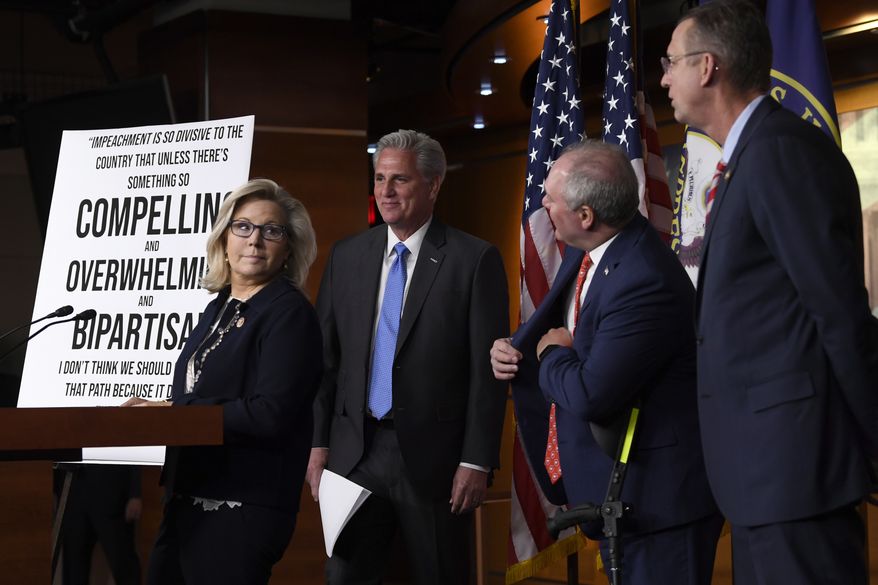 House Minority Leader Kevin McCarthy of Calif., second from left, is joined by Rep. Liz Cheney, R-Wy., left, House Minority Whip Steve Scalise, R-La., second from right, and House Judiciary Committee ranking member Rep. Doug Collins, R-Ga., right, at the start of a news conference on Capitol Hill in Washington, Tuesday, Dec. 3, 2019. (AP Photo/Susan Walsh)