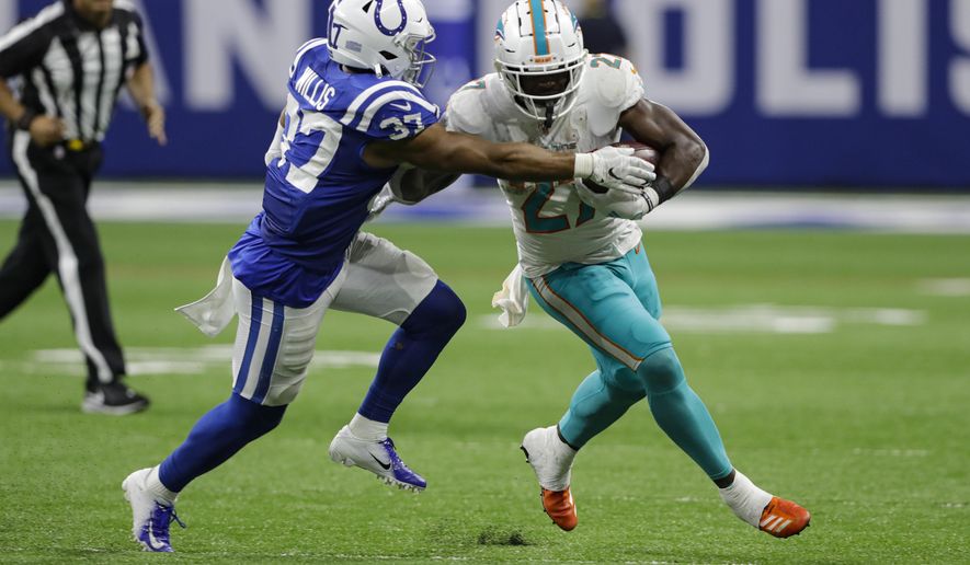 File-This Nov. 10, 2019, file photo shows Indianapolis Colts safety Khari Willis (37) tackling Miami Dolphins running back Kalen Ballage (27) during the second half of an NFL football game in Indianapolis. Ballage’s historically unproductive season ended Tuesday, Dec. 3, 2019, when he was placed on injured reserve by the Dolphins. Ballage hurt his left leg in Sunday’s victory over Philadelphia. The second-year pro finishes the season with 135 yards in 74 carries. His 1.8-yard average is the worst by a running back with at least 70 carries since Phil Sarboe had a 1.2-yard average for two teams in 1936. (AP Photo/Darron Cummings, File)