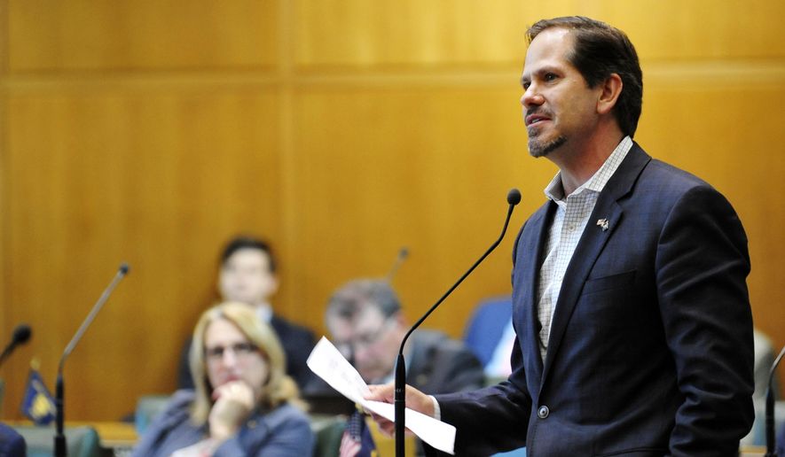 FILE - In this May 21, 2018, file photo, Oregon Republican Rep. Knute Buehler speaks in the House chamber during a special legislative session in Salem, Ore. A leading Republican in Oregon announced Tuesday, Dec. 3, 2019, he will dump campaign contributions from Gordon Sondland after sexual misconduct allegations against the Portland businessman-turned-diplomat surfaced last week. Buehler, who ran unsuccessfully as the Republican nominee for governor of Oregon in 2018 and is considering a run for Congress in 2020, said he and his wife Patty were disturbed by the allegations. (AP Photo/Tom James, File)