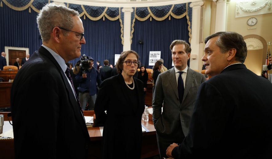 From left, University of North Carolina Law School professor Michael Gerhardt, Stanford Law School professor Pamela Karlan, Harvard Law School professor Noah Feldman and George Washington University Law School professor Jonathan Turley, offered statements at the House impeachment hearings on Wednesday. Mr. Turley, the sole Republican witness, said the president&#39;s actions didn&#39;t merit impeachment. The others said that they did. (Associated Press)