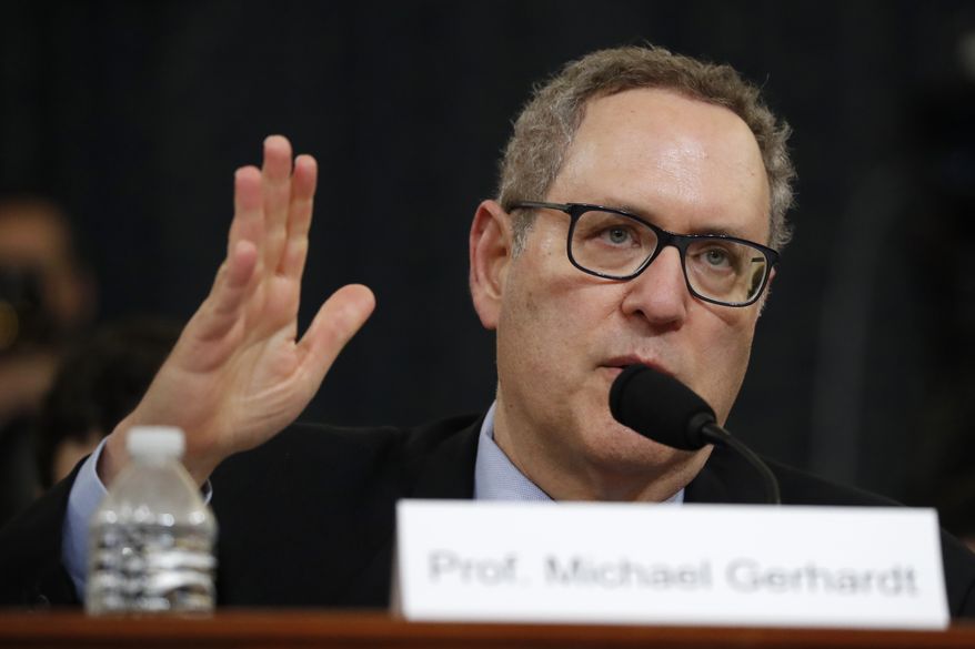 Constitutional law experts University of North Carolina Law School professor Michael Gerhardt testifies during a hearing before the House Judiciary Committee on the constitutional grounds for the impeachment of President Donald Trump, Wednesday, Dec. 4, 2019, on Capitol Hill in Washington. (AP Photo/Jacquelyn Martin)