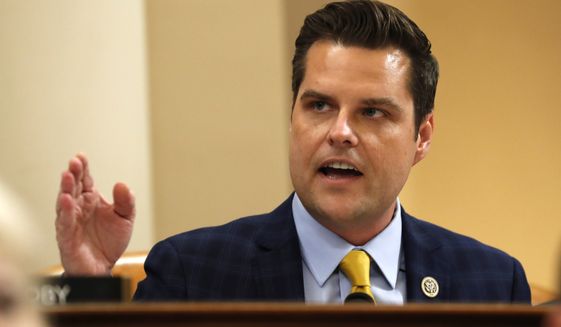 In this file photo, Rep. Matt Gaetz, R-Fla., questions constitutional scholars during a hearing before the House Judiciary Committee on the constitutional grounds for the impeachment of President Donald Trump, on Capitol Hill in Washington, Wednesday, Dec. 4, 2019. (AP Photo/Jacquelyn Martin)