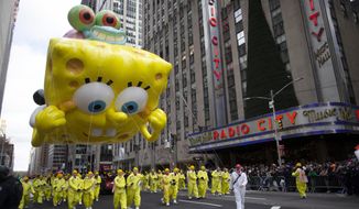 SpongeBob Square Pants &amp;amp; Gary balloon makes its way down Sixth Avenue during the Macy&#x27;s Thanksgiving Day Parade, Thursday, Nov. 28, 2019, in New York. (AP Photo/Eduardo Munoz Alvarez)