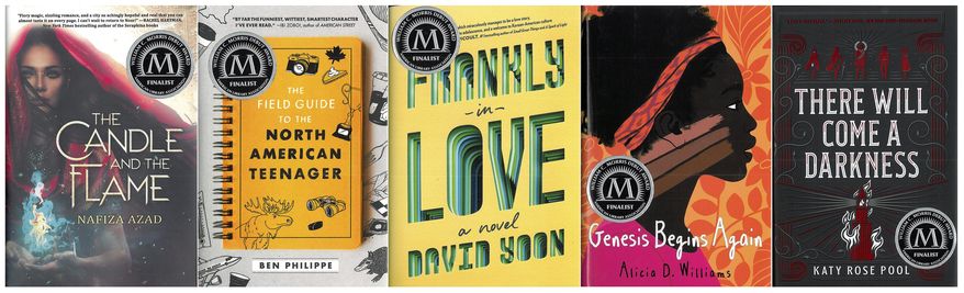This combination of photos released by the American Library Association (ALA) shows, from left, “The Candle and the Flame” by Nafiza Azad, “The Field Guide to the North American Teenager” by Ben Philippe, “Frankly in Love” by David Yoon, “Genesis Begins Again” by Alicia D. Williams and “There Will Come a Darkness” written by Katy Rose Pool, which were selected as finalists for the 2020 William C. Morris Award. (Scholastic Press/Balzer + Bray/ Atheneum-Caitlyn Dlouhy Books/Henry Holt via AP)