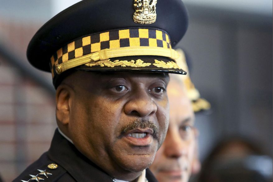 FILE - In this March 26, 2019, file photo, Chicago Police Superintendent Eddie Johnson speaks during a news conference in Chicago. When fellow officers discovered Johnson asleep behind the wheel of his running SUV, they did not conduct any sobriety tests and let their boss drive home, a decision that has thrown a spotlight on what happens when one officer confronts another on patrol. (AP Photo/Teresa Crawford, File)