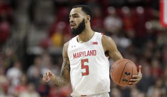 Maryland guard Eric Ayala drives against against Notre Dame during the second half of an NCAA college basketball game, Wednesday, Dec. 4, 2019, in College Park, Md. Maryland won 72-51. (AP Photo/Julio Cortez) ** FILE **