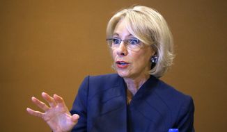 In this file photo, U.S. Education Secretary Betsy DeVos speaks at a roundtable discussion on school choice with Arizona community leaders, educators, parents and students Thursday, Dec. 5, 2019, in Scottsdale, Ariz. (AP Photo/Ross D. Franklin) ** FILE **