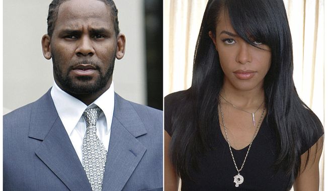 FILE - This combination photo shows singer R. Kelly after the first day of jury selection in his child pornography trial at the Cook County Criminal Courthouse in Chicago on May 9, 2008, left, the late R&amp;amp;B singer and actress Aaliyah during a photo shoot in New York on May 9, 2001. Federal prosecutors are accusing singer R. Kelly of scheming with others to pay for a fake ID for an unnamed female a day before he married R&amp;amp;B singer Aaliyah, then 15 years old, in a secret ceremony in 1994 according to a revised indictment filed Thursday, Dec. 5, 2019.  (AP Photo/File)
