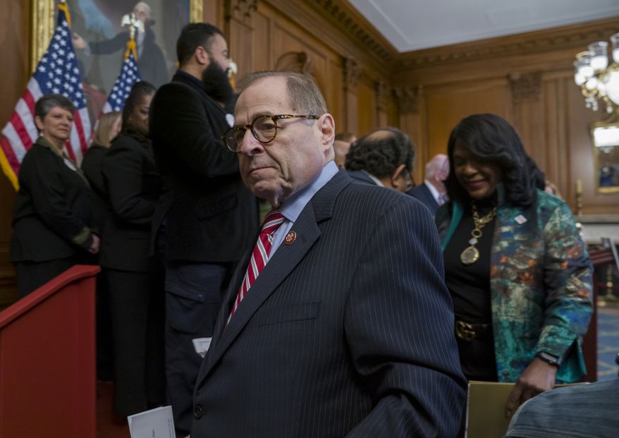 House Judiciary Committee Chairman Jerrold Nadler, D-N.Y., leaves an event with House Democrats before passing the Voting Rights Advancement Act to eliminate potential state and local voter suppression laws, at the Capitol in Washington, Friday, Dec. 6, 2019. House Speaker Nancy Pelosi announced on Wednesday that she is asking Nadler move forward with drafting articles of impeachment against President Trump. (AP Photo/J. Scott Applewhite)