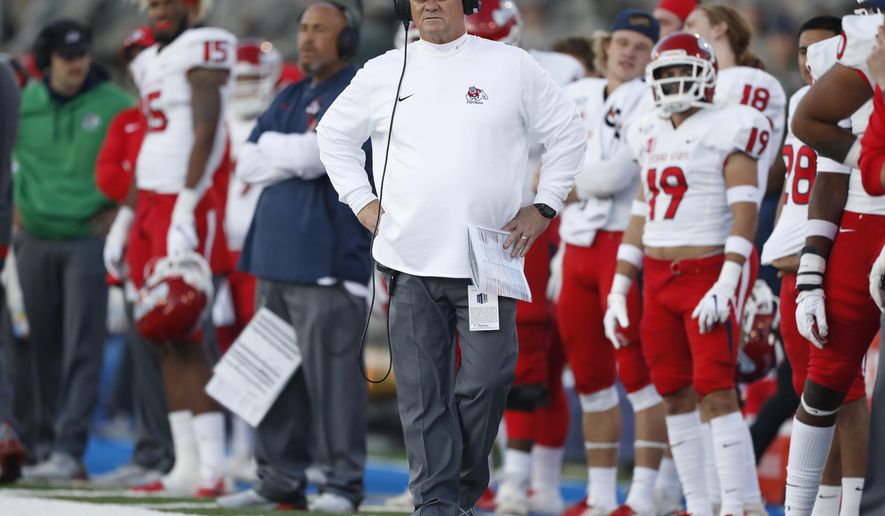FILE - In this Oct. 12, 2019, file photo, Fresno State coach Jeff Tedford watches the team's NCAA college football game against Air Force at Air Force Academy, Colo. Tedford is stepping down from the job after three seasons at his alma mater. A person familiar with the decision says the 58-year-old Tedford will resign from his job. The person spoke on condition of anonymity Thursday night, Dec. 5, because the decision has not been announced. (AP Photo/David Zalubowski, File)