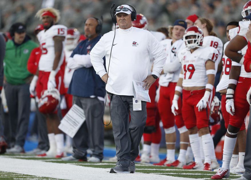 FILE - In this Oct. 12, 2019, file photo, Fresno State coach Jeff Tedford watches the team's NCAA college football game against Air Force at Air Force Academy, Colo. Tedford is stepping down from the job after three seasons at his alma mater. A person familiar with the decision says the 58-year-old Tedford will resign from his job. The person spoke on condition of anonymity Thursday night, Dec. 5, because the decision has not been announced. (AP Photo/David Zalubowski, File)