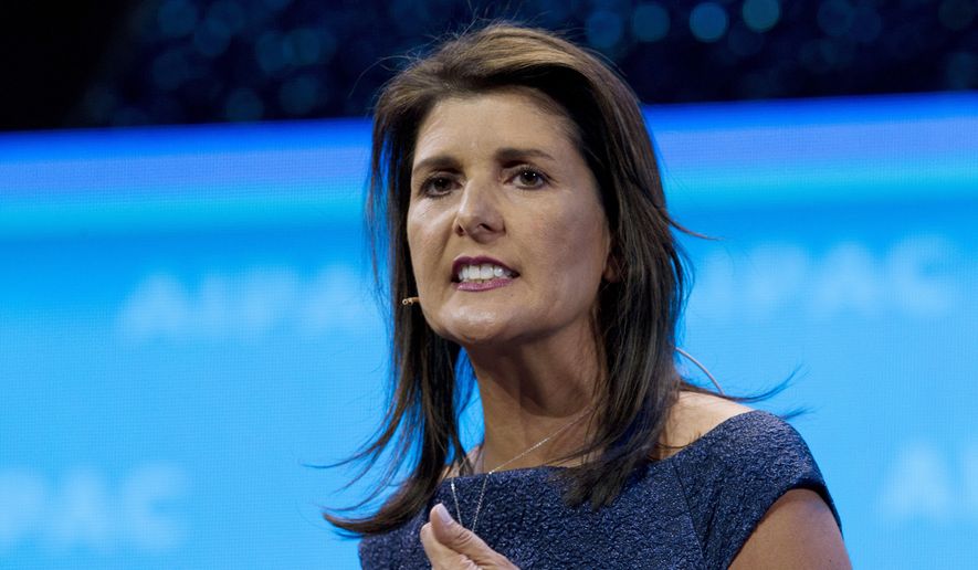 In this Monday, March 25, 2019 file photo, Former Ambassador to the U.N Nikki Haley speaks at the 2019 American Israel Public Affairs Committee (AIPAC) policy conference, at the Washington Convention Center in Washington. Former South Carolina Gov. Nikki Haley says in an interview that a man who gunned down nine worshipers at an African American church in 2015 ‘hijacked’ the ideals many connected to the Confederate battle flag. Haley said that the flag had meant service, sacrifice and heritage to some. (AP Photo/Jose Luis Magana, File)