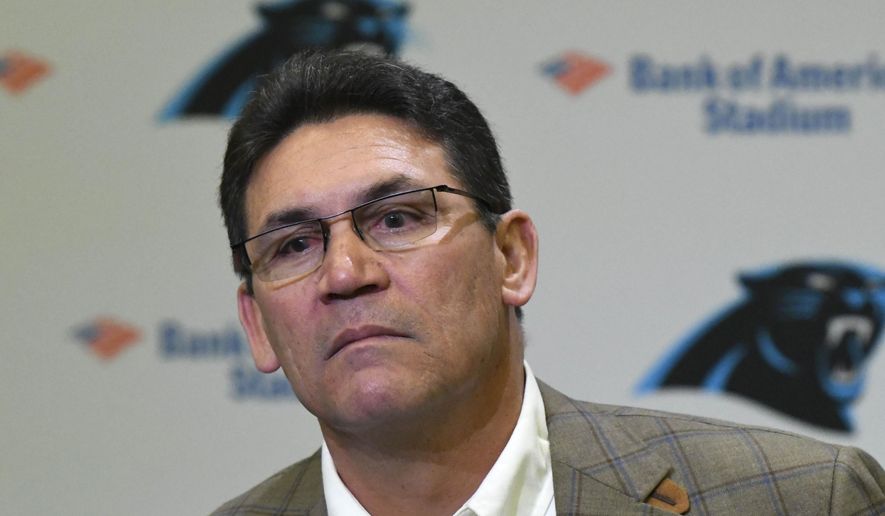 Former Carolina Panthers NFL football head coach Ron Rivera ponders a question during a press conference at Bank of America Stadium in Charlotte, N.C., Wednesday, Dec. 4, 2019. Rivera was fired as coach on Tuesday. (David T. Foster III/The Charlotte Observer via AP) **FILE**
