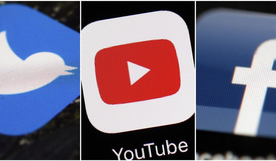 This combination of images shows logos for companies from left, Twitter, YouTube and Facebook. (AP Photos/File)