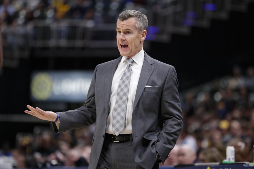 Oklahoma City Thunder coach Billy Donovan questions a call during the second half of the team's NBA basketball game against the Indiana Pacers in Indianapolis, Tuesday, Nov. 12, 2019. The Pacers won 111-85. (AP Photo/Michael Conroy)