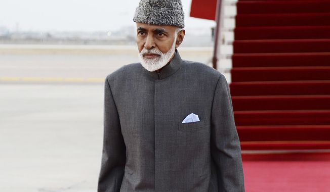 FILE - In this photo made available by Oman News Agency, on March 23, 2015, Sultan Qaboos bin Said of Oman arrives in Muscat. Oman’s 79-year-old ruler will travel to Belgium for a medical checkup, the sultanate’s state-run news agency reported Saturday, Dec. 7, 2019. Sultan Qaboos bin Said left “for some medical checks that will take a limited period, God willing,” the Oman News Agency reported, citing a royal court statement. He has taken medical trips abroad in the past.   (AP Photo/ Oman News Agency) .