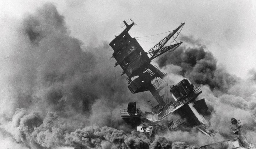 FILE - In this Dec. 7, 1941, file photo, smoke rises from the battleship USS Arizona as it sinks during the Japanese attack on Pearl Harbor, Hawaii. Survivors and members of the public are expected to gather in Pearl Harbor on Saturday, Dec. 7, 2019, to remember those killed when Japanese planes bombed the Hawaii naval base 78 years ago and launched the U.S. into World War II. Organizers plan for about a dozen survivors of the attack to attend the annual ceremony, the youngest of whom are now in their late 90s. (AP Photo, File)