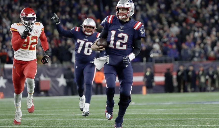 New England Patriots quarterback Tom Brady runs for yardage in the fourth quarter of an NFL football game against the Kansas City Chiefs, Sunday, Dec. 8, 2019, in Foxborough, Mass. (AP Photo/Elise Amendola)