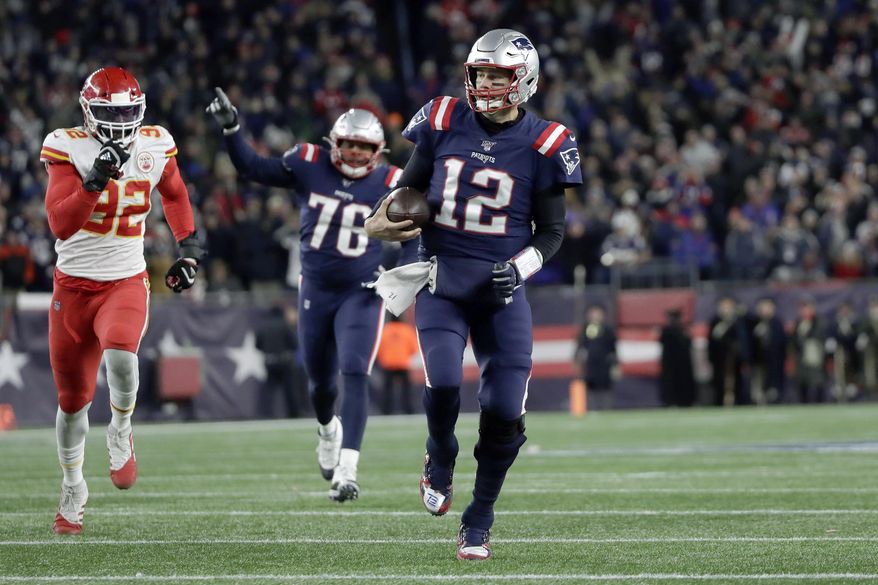 New England Patriots quarterback Tom Brady runs for yardage in the fourth quarter of an NFL football game against the Kansas City Chiefs, Sunday, Dec. 8, 2019, in Foxborough, Mass. (AP Photo/Elise Amendola)