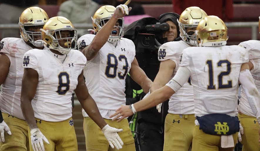 Notre Dame's Chase Claypool (83) celebrates after scoring a touchdown against Stanford in the second half of an NCAA college football game Saturday, Nov. 30, 2019, in Stanford, Calif. (AP Photo/Ben Margot)