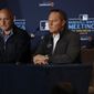 Baseball agent Scott Boras, right, listens alongside Washington Nationals general manager Mike Rizzo during a news conference at the Major League Baseball winter meetings Monday, Dec. 9, 2019, in San Diego. Nationals pitcher and World Series MVP Stephen Strasburg agreed to a record $245 million, seven-year contract on Monday. (AP Photo/Gregory Bull) **FILE**