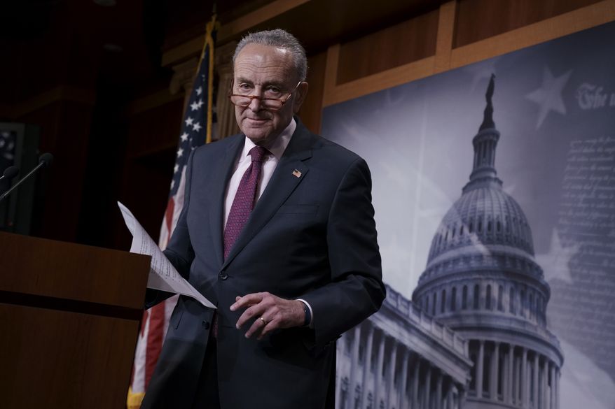 Senate Minority Leader Chuck Schumer, D-N.Y., finishes a news conference about the report by the Justice Department&#39;s internal watchdog that concluded the FBI was justified in opening its investigation into ties between the Trump presidential campaign and Russia and did not act with political bias, on Capitol Hill in Washington, Monday, Dec. 9, 2019. (AP Photo/J. Scott Applewhite) ** FILE **