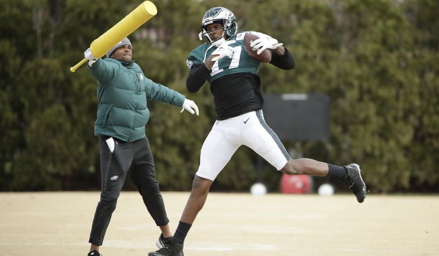 Philadelphia Eagles wide receiver Alshon Jeffery catches a pass at the NFL football team's practice facility in Philadelphia, Thursday, Dec. 5, 2019. (AP Photo/Matt Rourke)