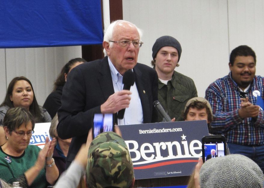 Democratic presidential hopeful Bernie Sanders speaks before about 200 people at a rally at a community center on tribal land in Carson City, Nev., Monday, Dec. 9, 2019. He said Monday he believes he has "an excellent" chance to win in all three early presidential-selection states of Nevada, Iowa and New Hampshire. (AP Photo/Scott Sonner)