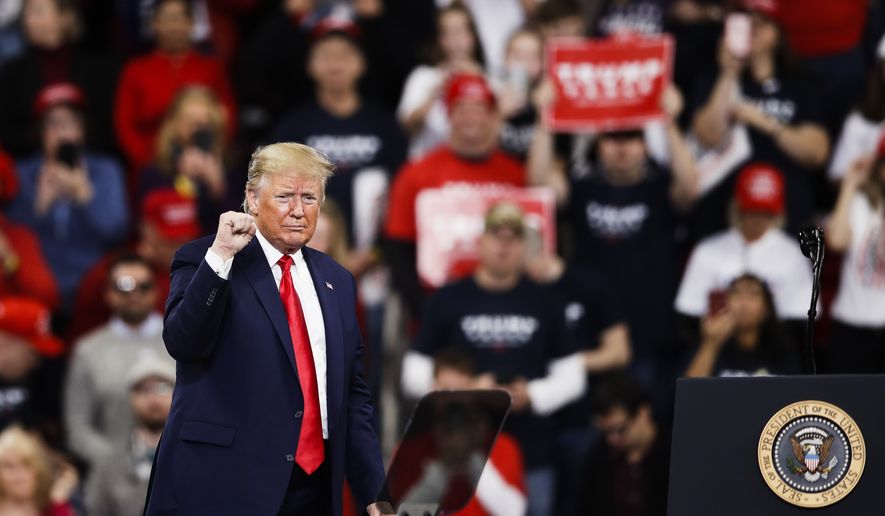 President Donald Trump during a campaign rally in Hershey, Pa., Tuesday, Dec. 10, 2019. (AP Photo/Matt Rourke)