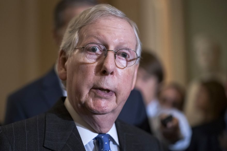Senate Majority Leader Mitch McConnell, R-Ky., fields questions from reporters about an impeachment trial in the Senate shortly after Speaker of the House Nancy Pelosi, D-Calif., announced House Democrats are pushing ahead with formal charges against President Donald Trump saying he has put U.S. elections and national security at risk, at the Capitol in Washington, Tuesday, Dec. 10, 2019. (AP Photo/J. Scott Applewhite)
