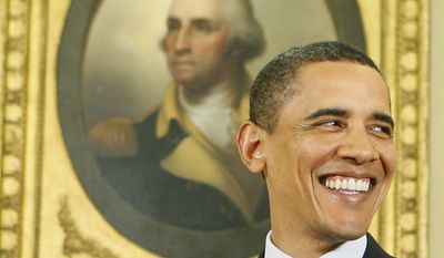 President Barack Obama smiles beneath a portrait of George Washington as reporters enter the Oval Office of the White House before the swearing in of Health and Human Services Secretary Kathleen Sebelius,Tuesday, April 28, 2009, in Washington.(AP Photo/Charles Dharapak)