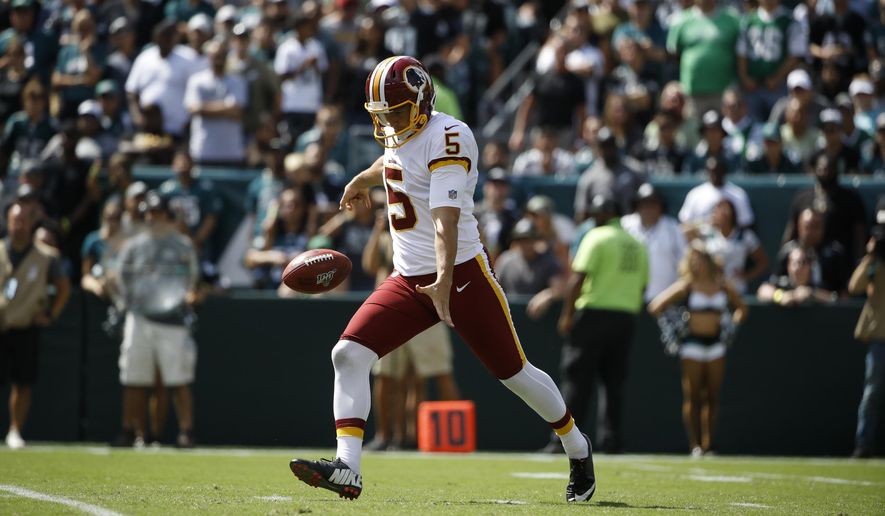 In this Sept. 8, 2019, file photo, Washington Redskins punter Tress Way is shown during an NFL football game, in Philadelphia. A popular Redskins podcast is trying to send Washington punter Tress Way to the Pro Bowl. Way leads all NFC punters in net yards and has pinned opponents inside the 20-yard line 24 times this season. (AP Photo/Matt Rourke, File)
