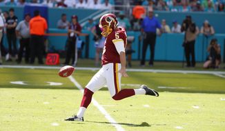  In this Oct. 13, 2019, file photo, Washington Redskins&#39; Tress Way (5) punts during the first half at an NFL football game against the Miami Dolphins, in Miami Gardens, Fla. A popular Redskins podcast is trying to send Washington punter Tress Way to the Pro Bowl. Way leads all NFC punters in net yards and has pinned opponents inside the 20-yard line 24 times this season. (AP Photo/Wilfredo Lee, File) **FILE**