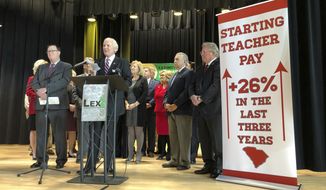 South Carolina Gov. Henry McMaster discusses his proposal to give every teacher in the state a $3,000 raise in next year&#39;s budget during a news conference on Tuesday, Dec. 10, 2019 in Cayce, South Carolina. McMaster said the additional money will move South Carolina into the top 25 in the nation in average teacher salaries. (AP Photo/Jeffrey Collins)