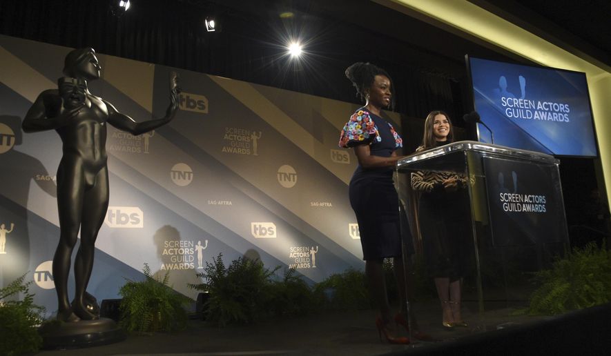 Danai Gurira, left, and America Ferrera announce nominations for the 26th annual Screen Actors Guild Awards at the Pacific Design Center on Wednesday, Dec. 11, 2019, in West Hollywood, Calif. The show will be held on Sunday, Jan. 19, 2020, in Los Angeles. (AP Photo/Chris Pizzello)