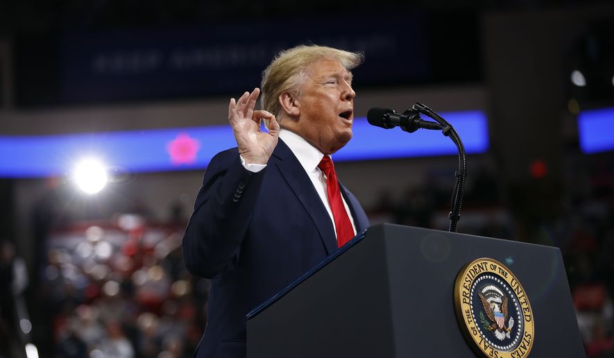 President Donald Trump speaks at a campaign rally, Tuesday, Dec. 10, 2019, in Hershey, Pa. (AP Photo/Patrick Semansky)