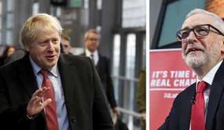 This combo photo shows at left, Britain&#39;s Prime Minister Boris Johnson arrives to board a train in London, Friday Dec. 6, 2019, and at right, Britain&#39;s Labour Party leader Jeremy Corbyn speaks during a press conference in London, Friday, Dec. 6, 2019.  The upcoming Dec. 12 General Election sees the two main political parties calling for different ways of dealing with Britain&#39;s Brexit split from Europe. (AP Photo combo)
