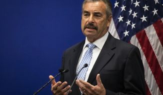 Chicago Police interim Superintendent Charlie Beck speaks during a press conference at police headquarters, Tuesday morning, Dec. 3, 2019 in Chicago. Beck says he’s getting oriented in the job, a day after Superintendent Eddie Johnson was fired and he took over the post. (Ashlee Rezin Garcia/Chicago Sun-Times via AP)
