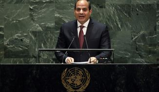 FILE - In this Sept. 24, 2019 file photo, Egypt&#x27;s President Abdel Fattah el-Sisi addresses the 74th session of the United Nations General Assembly.  Egypt’s president has called for “decisive” and “collective” action against countries supporting terrorism.&amp;quot; His comments are an apparent reference to Turkey and Qatar, who back the Muslim Brotherhood group, which is outlawed by the Egyptian government. Addressing a two-day forum on peace in Africa in the southern city of Aswan, Abdel-Fattah el-Sissi says achieving sustainable development in Africa is needed, along with efforts to fight militant groups.(AP Photo/Richard Drew, File)