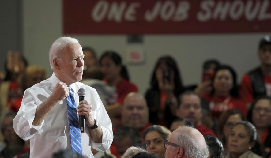 Democratic presidential candidate and former Vice President Joe Biden speaks during town hall meeting at the Culinary Union, Local 226, headquarters in Las Vegas Wednesday, Dec. 11, 2019.  (Steve Marcus/Las Vegas Sun via AP)